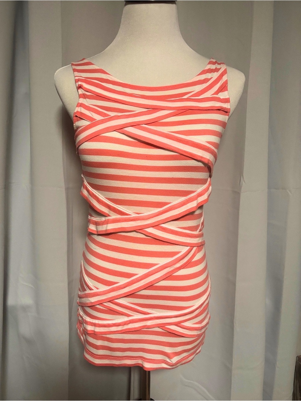 New York & Company Coral and White Striped Wrap-Detail Tank